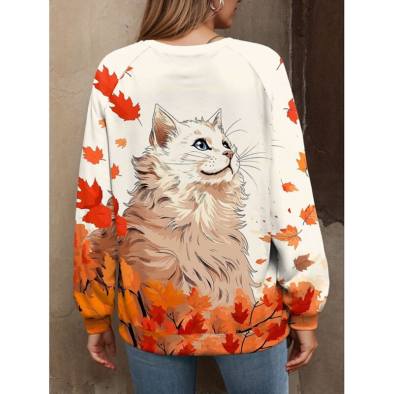 Women's Pullover Graphic Cat Casual Long Sleeve Crew Neck Regular Tops Casual Pink Blue Orange Green Spring Fall Winter2