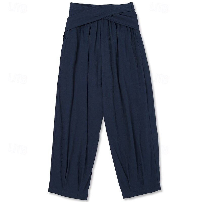 Men's Linen Pants Trousers Summer Pants Baggy Pants Drawstring Elastic Waist Buttons Plain Comfort Breathable Full Length Outdoor Yoga Casual Designer Retro Vintage Red Navy Blue Inelastic3