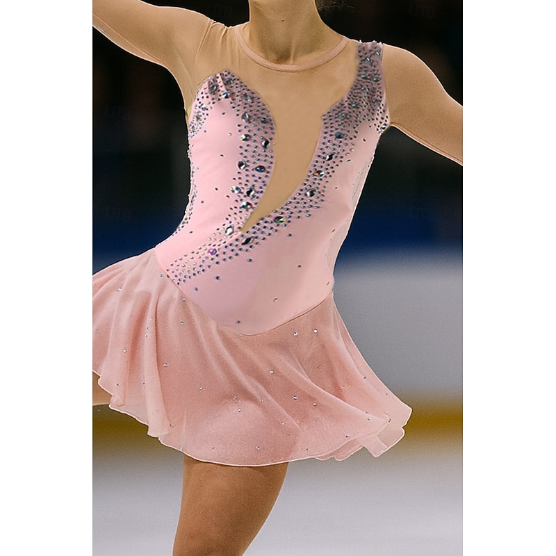Figure Skating Dress Women's Girls' Ice Skating Dress Black Yellow Pink Mesh Spandex High Elasticity Training Competition Skating Wear Crystal / Rhinestone Long Sleeve Ice Skating Figure Skating3