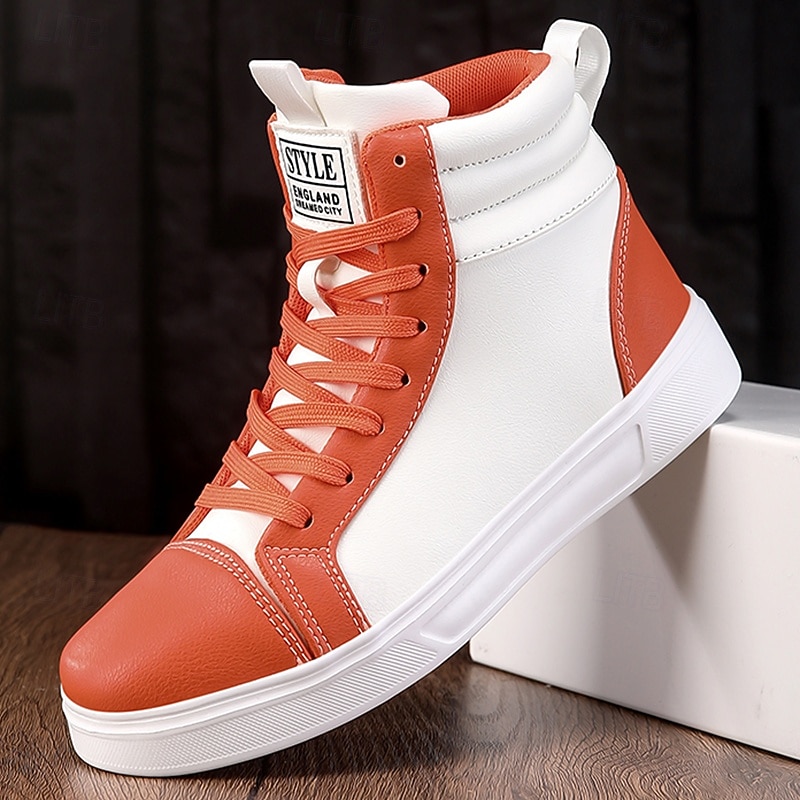 Men's Orange and White High-Top Sneakers, Retro Style Lace-Up Casual Shoes for College Students, Sports and Streetwear Fashion
