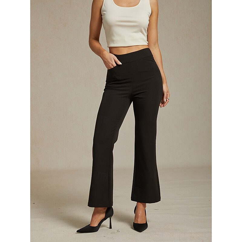 Women's Bootcut Vacation Vintage Ethnic Style Full Length High Waist Solid Color High Elasticity Formal Outdoor Office Black Spring, Fall, Winter, Summer Slim Fit