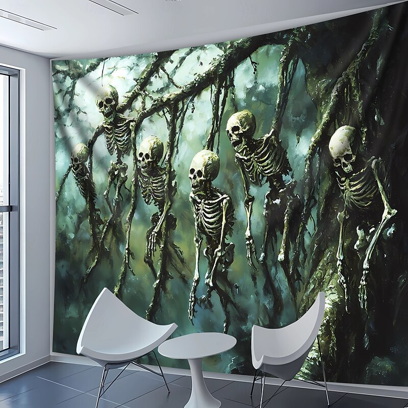 Skeleton Wall Tapestry – Gothic Hanging Bones Art with Creepy Forest Roots, Horror Halloween Wall Decoration for Living Room or Studio3
