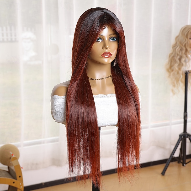 Synthetic Wig Yaki Straight Natural Straight Neat Bang Machine Made Wig 28 inch Dark Wine Synthetic Hair 28 inch Women's Soft Burgundy3