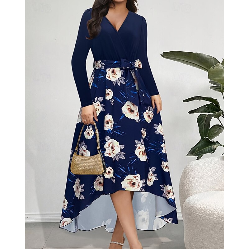 Women's Long Dress Maxi Dress Print Dress Fashion Outdoor Vacation Holiday Regular Fit Flower Long Sleeve V Neck Blue Fall