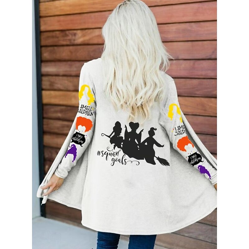 Halloween Women's Coat Lightweight Comfortable Witch Print Open Front Vintage Artistic Casual Witch Skull Casual Long Collarless Loose Fit Long Sleeve Outerwear Black White Red Spring Fall