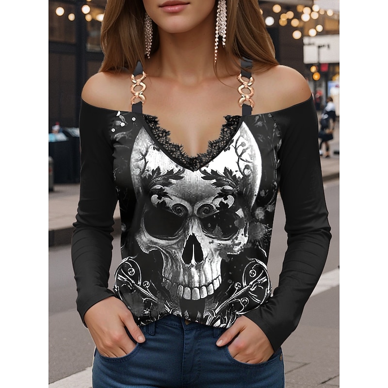 Halloween Women's Blouse Floral Skulls Print Graphic Skull Vintage Stylish Casual Long Sleeve V Neck Regular Tops Daily Going out Patchwork Print White Wine Red Purple Khaki Spring Fall2
