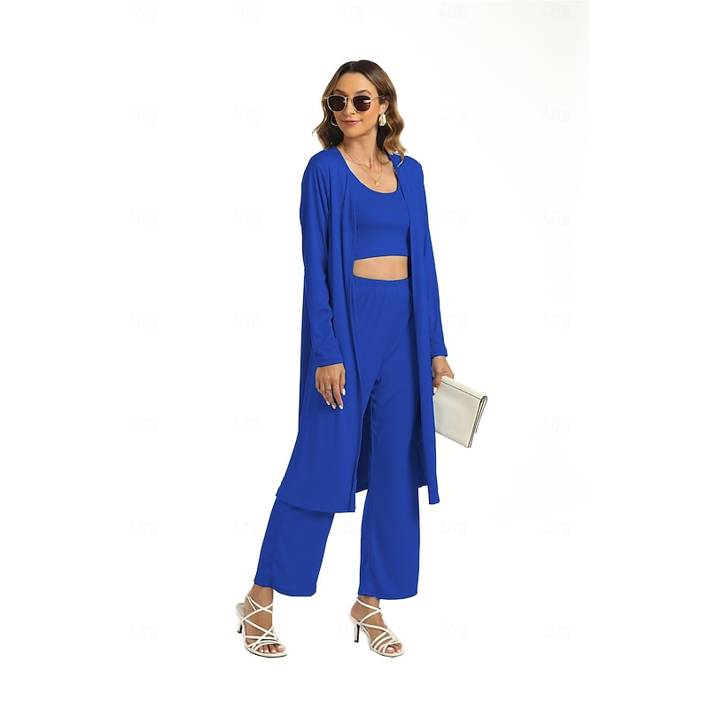 Women's Basic Three Piece Sets Long Sleeve Round Neck Plain Casual Daily Light Blue Caramel color Black Spring Loose Fit2