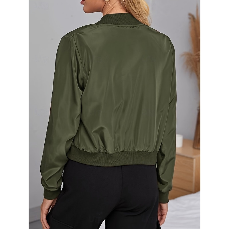 Women's Bomber Jacket Comfortable Breathable Zipper Casual Plain Vacation Street Casual Daily Wear Zipper Short Stand Collar Regular Fit Long Sleeve Outerwear Black Red Army Green Spring Fall2