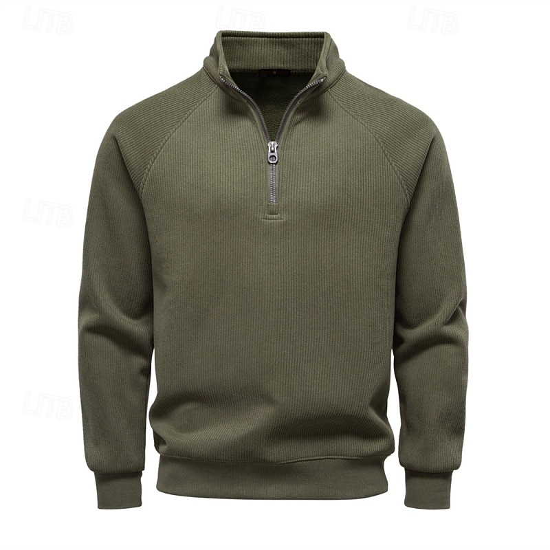 Men's Sweatshirt Corduroy Fleece Sweatshirt Pullover Hoodie Sweatshirt Pullover Apricot Black Army Green Navy Blue Gray Standing Collar Plain Textured Sports & Outdoor Casual Daily Streetwear Cool