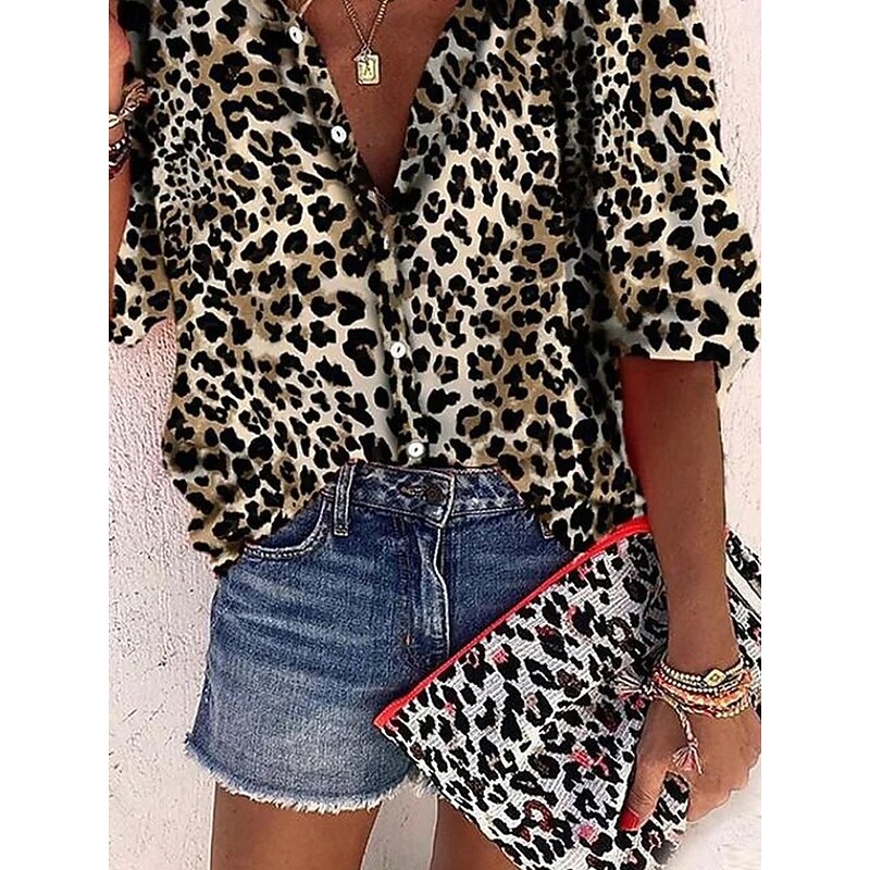 Women's Bohemia Vintage V Neck 3/4 Length Sleeve Floral Graphic Leopard Daily Regular Tops Daily Holiday Beach Wear Print Black Spring Fall Spring, Fall, Winter, Summer3