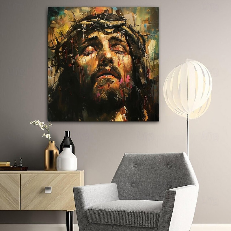 Handmade Oil Painting Acrylic Canvas Wall Art Decoration Religious Figure Jesus Face Knife Drawing for Home Decor Rolled Frameless Unstretched Painting2
