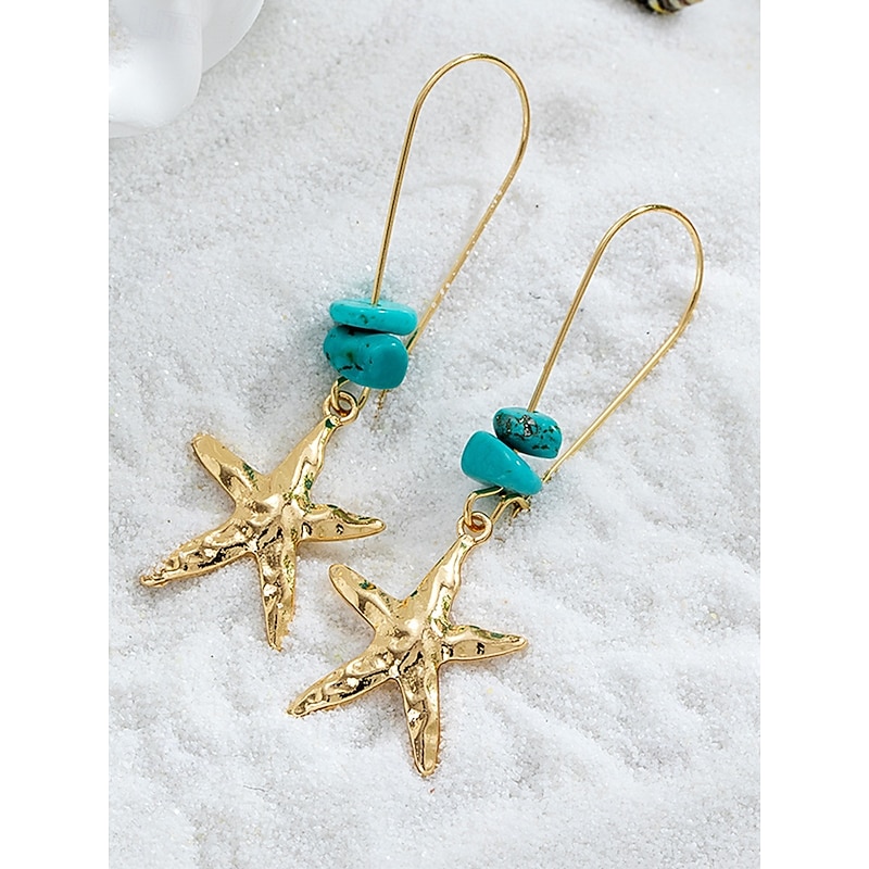 Women's Gold Starfish Dangle Earrings – Turquoise Stone Boho Beach Jewelry for Summer Vacations, Ocean-Themed Parties and Resort Wear3