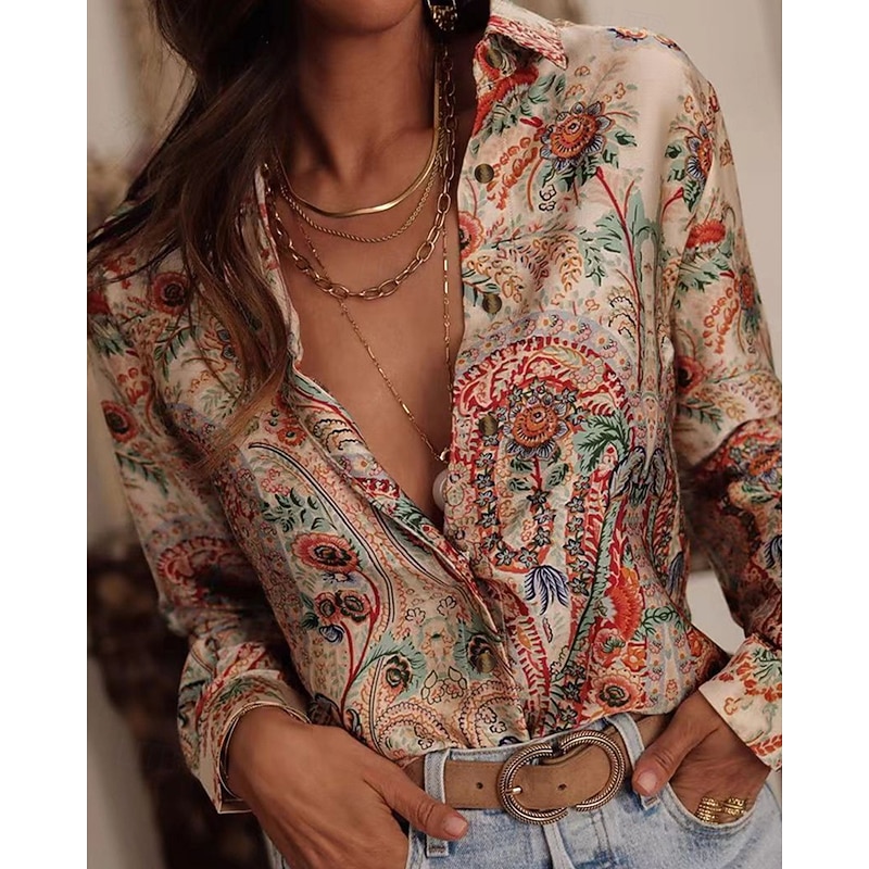 Women's Shirt Floral Bohemia Stylish Modern Long Sleeve Shirt Collar Regular Tops Daily Holiday Pocket Buttons Print Pink Red Orange Green Spring Fall