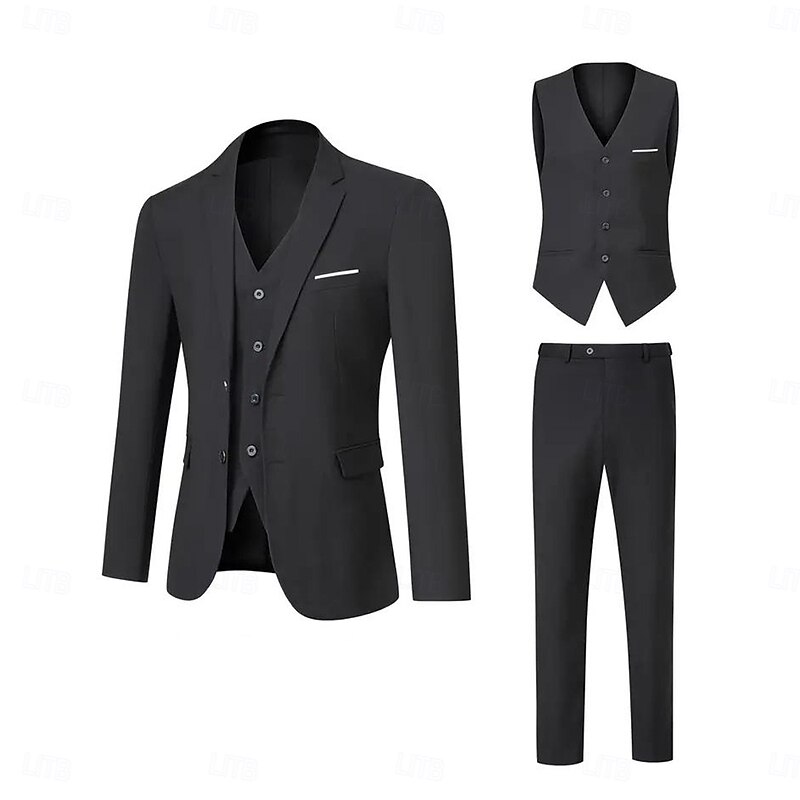 Men's Wedding Business Party Suits Notch Lapel Black Formal Solid Colored Slim Fit 3 Piece Single Breasted Two-buttons