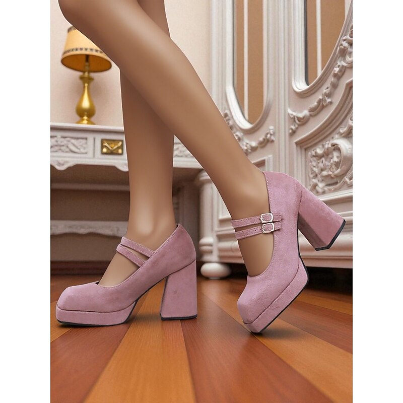 Women's Pink Suede Mary Jane Platform Heels – Double Strap 1950s Retro Block Heel Pumps for Vintage-Themed Events, Fashion Enthusiasts and Daily Elegance2