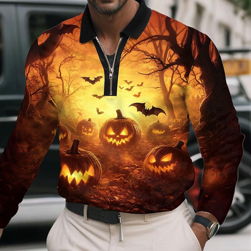 Halloween Men's Pumpkin Polo Long Sleeve Polo Shirts Lapel Casual Street Daily Wear Festival Outfit 3D Print Quarter Zip Polo Spring Fall Winter Black Yellow Orange