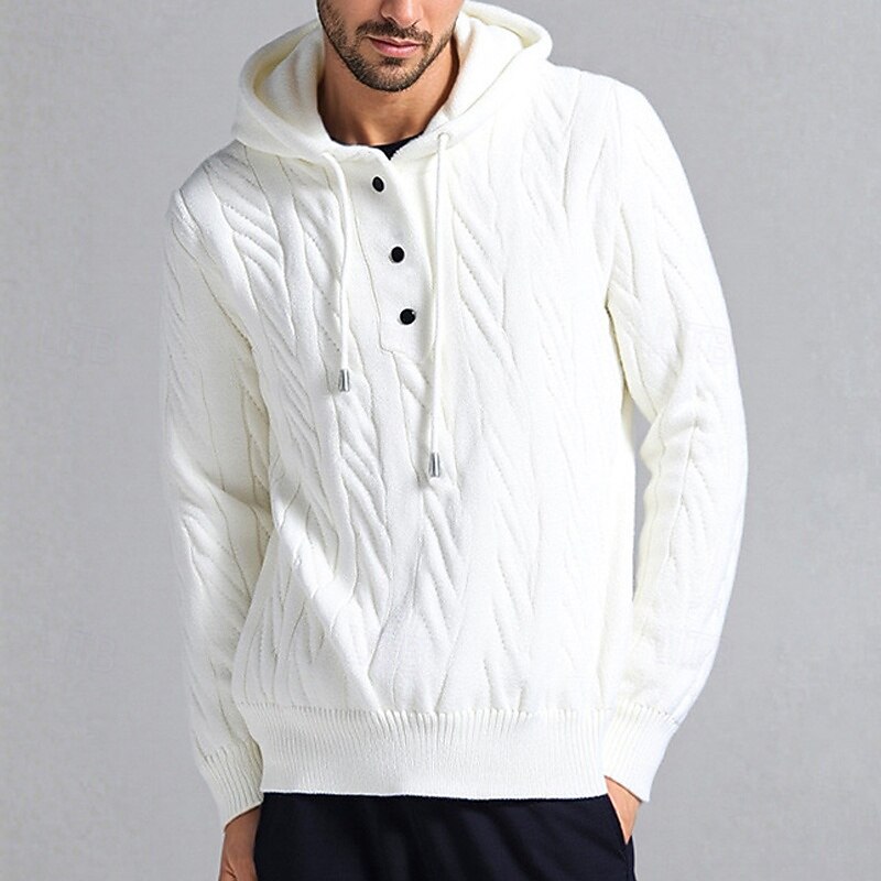 Men's Pullover Sweater Jumper Knit Sweater Ribbed Knit Regular Tops Buttons Knitted Plain Hooded Fashion Basic Vacation Daily Wear Clothing Apparel Fall Winter White M L XL3