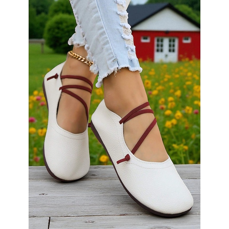 Women's White Ballet Flats with Red Crisscross Straps – Elegant Round-Toe Slip-On Shoes for Picnics, Garden Parties and Everyday Wear4