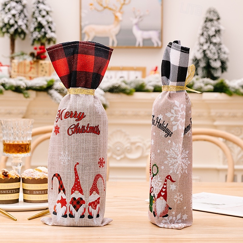 2Pcs Christmas Wine Bottle Bags, Forest Gnome Plaid Drawstring Bottle Covers, Holiday Champagne and Red Wine Bottle Holders3