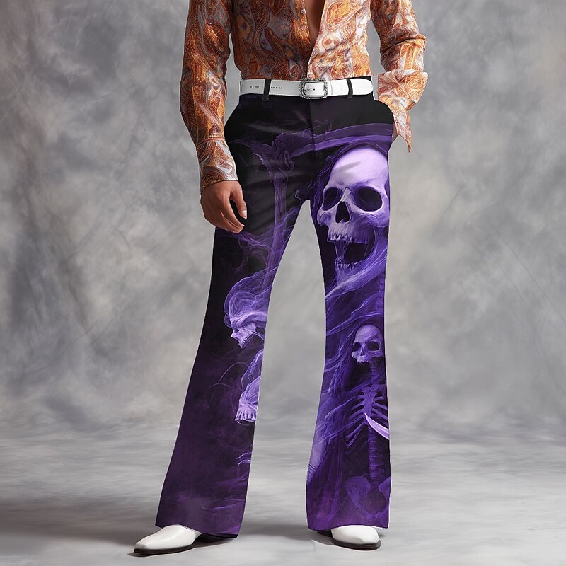 Halloween Men's Skull Smoke Halloween Costumes Disco Pants 60s 70s Bell Bottoms Mid Waist Dark Gothic Style Outdoor Holiday Side Pockets Flared Leg Pants Trousers Spring Fall 3D Print Purple Green3