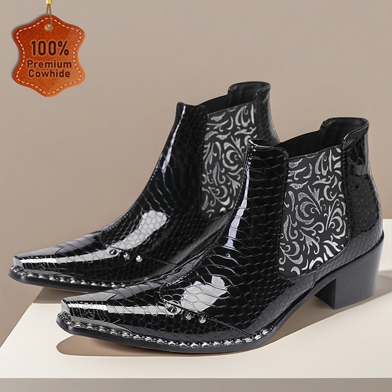 Men's Black Patent Crocodile Pattern Boots – Embossed Floral Pointed Toe Dress Shoes for Stage Shows, Parties and Night Out