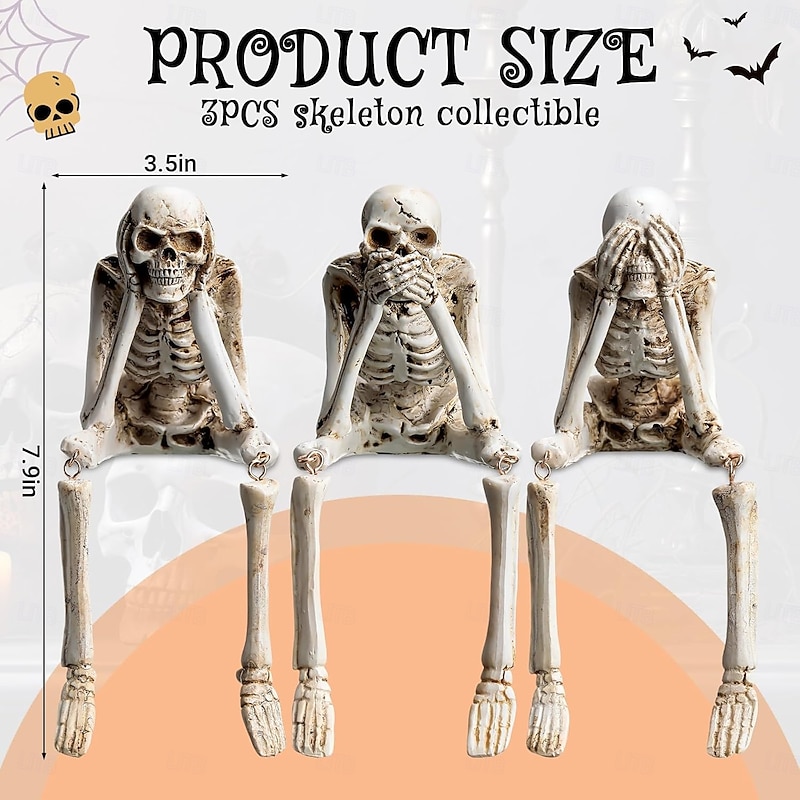 3pcs Halloween Fireplace Simulation Skull Combination Halloween Statues See Speak Hear No Evil Skeleton Figurines Realistic Skull Decorations for Home Haunted House Halloween Party Decor Favors Shelf3