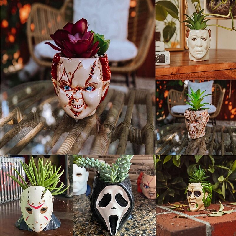Horror Film Planters Scary Head Plant Pots Small Face Flower Succulent Pots Vase with Drainage Hole for Indoor Outdoor Home Halloween Decoration, Resin
