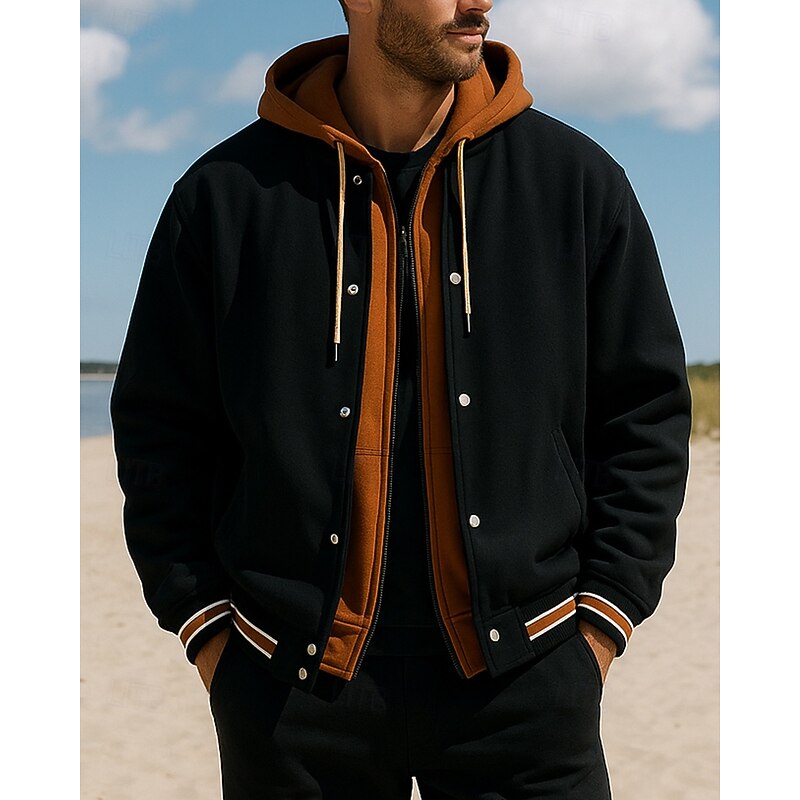 Men's Outdoor Jacket Baseball Jacket with Pockets Long Sleeve Outerwear Athletic Fall Color Block Breathable Outdoor Travel Sports Sportswear Activewear Black Brown Beige4
