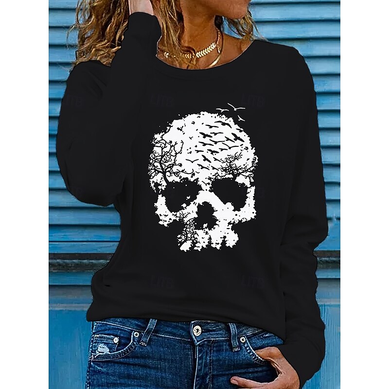 Halloween Women's T Shirt Skulls Graphic Vintage Stylish Classic Long Sleeve Crew Neck Round Neck Regular Tops Daily Print Black Gray Fall Winter
