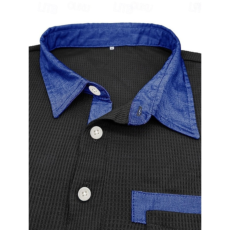 Men's Waffle Polo Shirts Casual Classic Long Sleeve Sports Fashion Textured Pocket Fall Regular Fit Dark Brown White Black Burgundy Navy Blue Blue Waffle Polo Shirts4