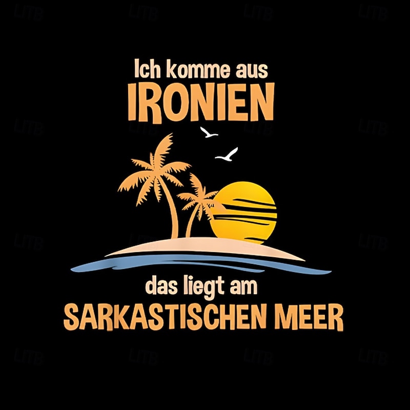 Funny Irony Sarcasm Men's Graphic T-Shirt | German Pun 'I Come From Irony' Tropical Design Tee2