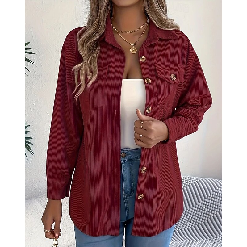 Women's Shirt Texture Blouse Blouse Plain Modern Casual Long Sleeve Shirt Collar Regular Tops Daily Going out Pocket Buttons Black Wine Khaki Fall2