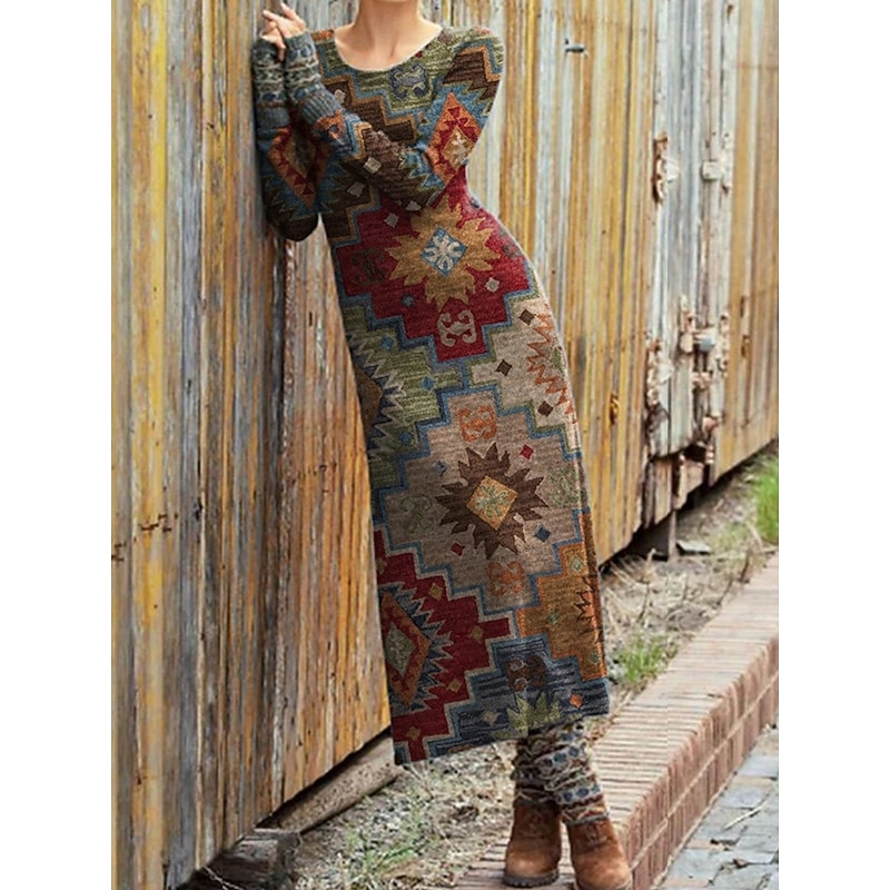 Women's Midi Dress Sheath Dress T Shirt Dress Tee Dress Casual Boho Daily Holiday Regular Fit Graphic Geometric Long Sleeve Crew Neck Red Burgundy Green Rainbow Fall Winter3