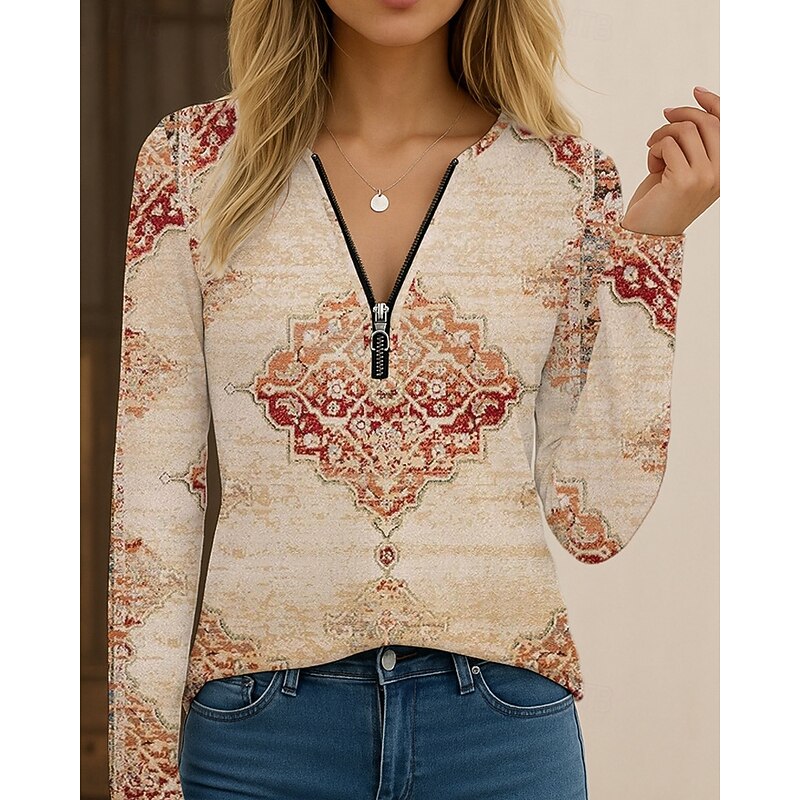 Women's T Shirt Floral Casual Long Sleeve V Neck Regular Tops Daily Going out Print Navy Blue Orange Beige Gray Fall3