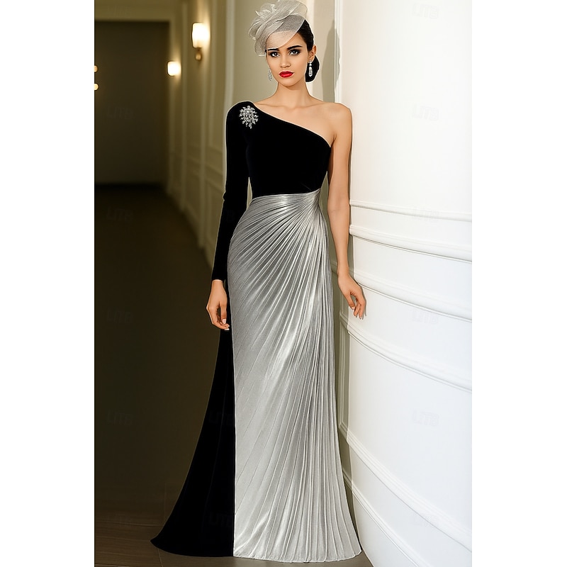 Black Gold A-Line Evening Gown Elegant Dress Formal Wedding Floor Length Long Sleeve One Shoulder Champagne Mother Of the Bride Dress Satin with Pleats 20254