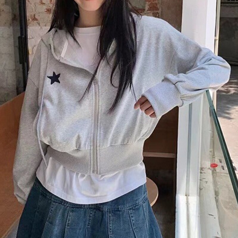 Women's Zip Up Sweatshirt Sports Crop Top Hooded Long Sleeve Top Athleisure Fall Solid Colored Fashion Casual Cycling Running Sportswear Activewear Dark Blue Gray