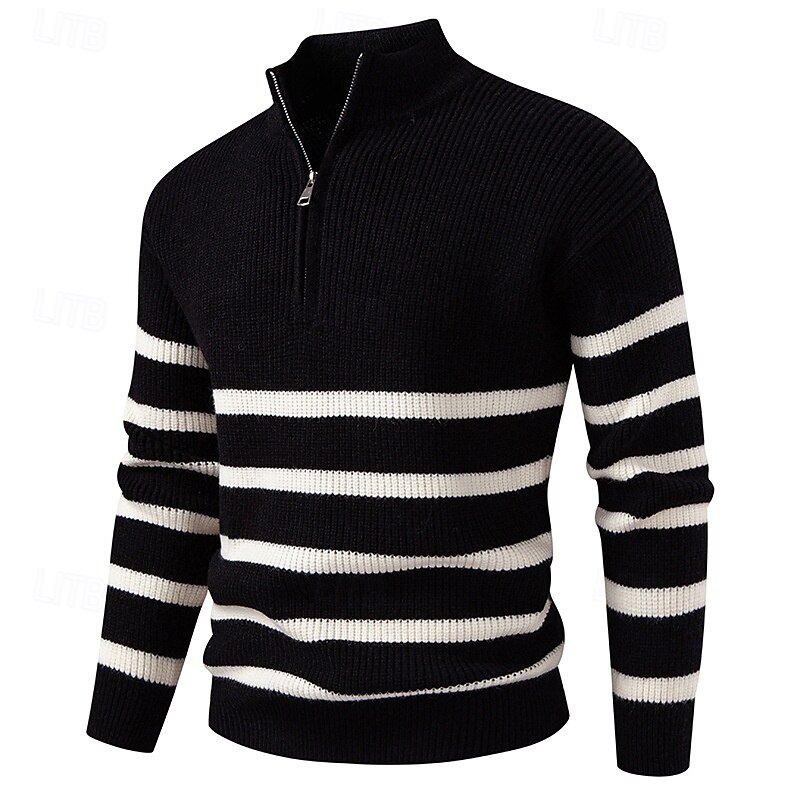 Men's Pullover Sweater Jumper Quarter Zip Sweaters Knit Sweater Ribbed Knit Regular Tops Knitted Stripes Half Zip Fashion Casual Vacation Daily Wear Clothing Apparel Winter Black Blue S M L3