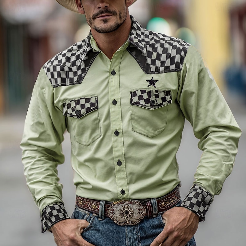 Men's Geometric Plaid Checkered Stars Shirt Western Shirt Cowboy Shirt Long Sleeve Vintage Retro Outdoor Daily WorkWear Fall & Winter Turndown 3D Print Front Two Pockets Button Up Shirts Yellow Green3