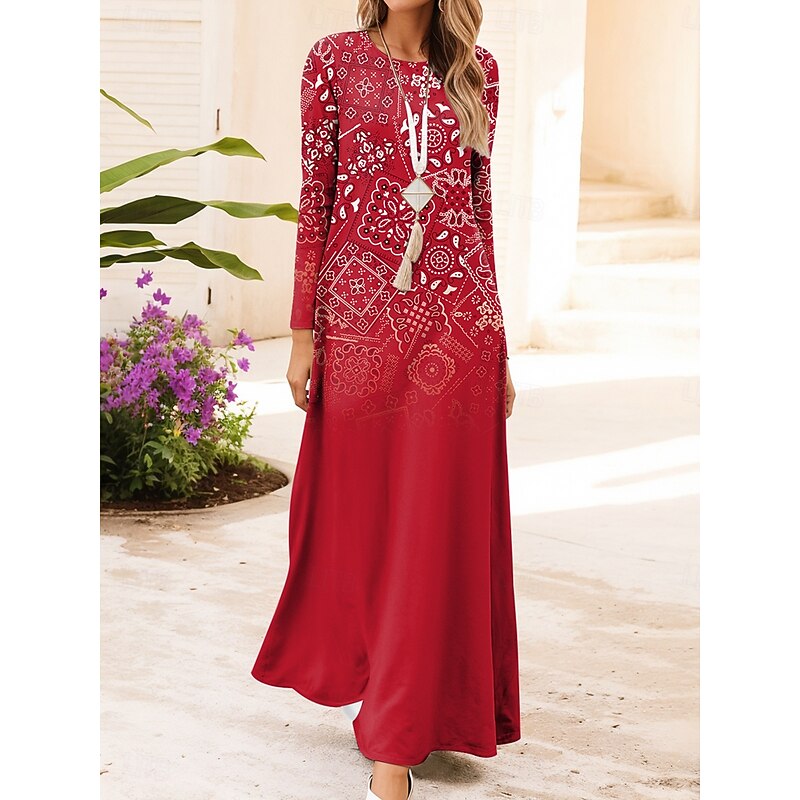 Women's Maxi Dress Vintage Bohemian A Line Dress Crew Neck Long Sleeve Casual Daily Regular Fit Graphic Geometric Dark Red Red Blue Brown Summer Spring Fall Winter4