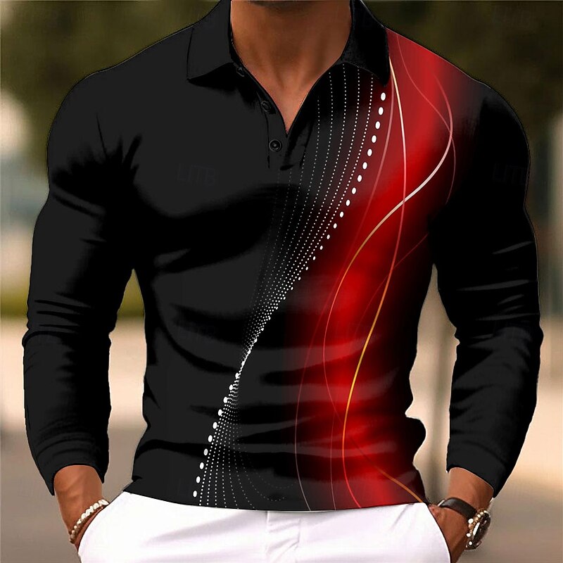 Men's Geometic Line Polo Long Sleeve Polo Shirts Lapel Casual Athleisure Daily Wear 3D Print Buttons Spring Fall Winter Red Blue Brown