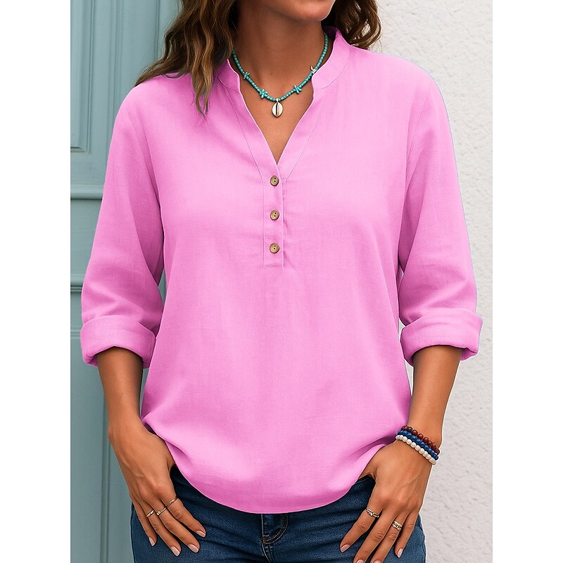 Women's Blouse Solid Color Casual Long Sleeve V Neck Regular Tops Black White Pink Blue Spring Fall4