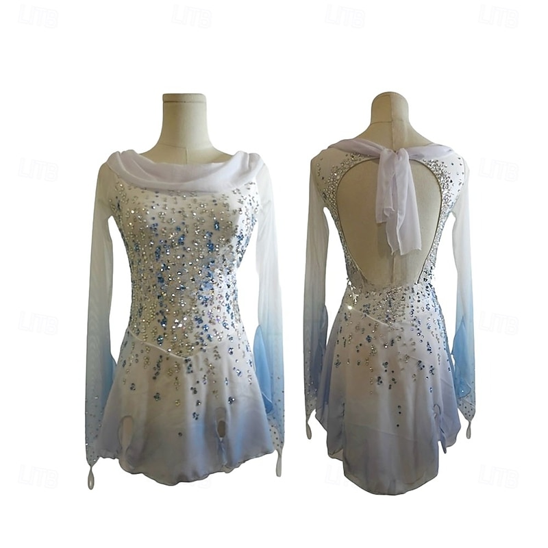 Figure Skating Dress Women's Girls' Ice Skating Dress Blue White Patchwork Thumbhole Spandex High Elasticity Training Competition Skating Wear Classic Crystal / Rhinestone Long Sleeve Ice Skating