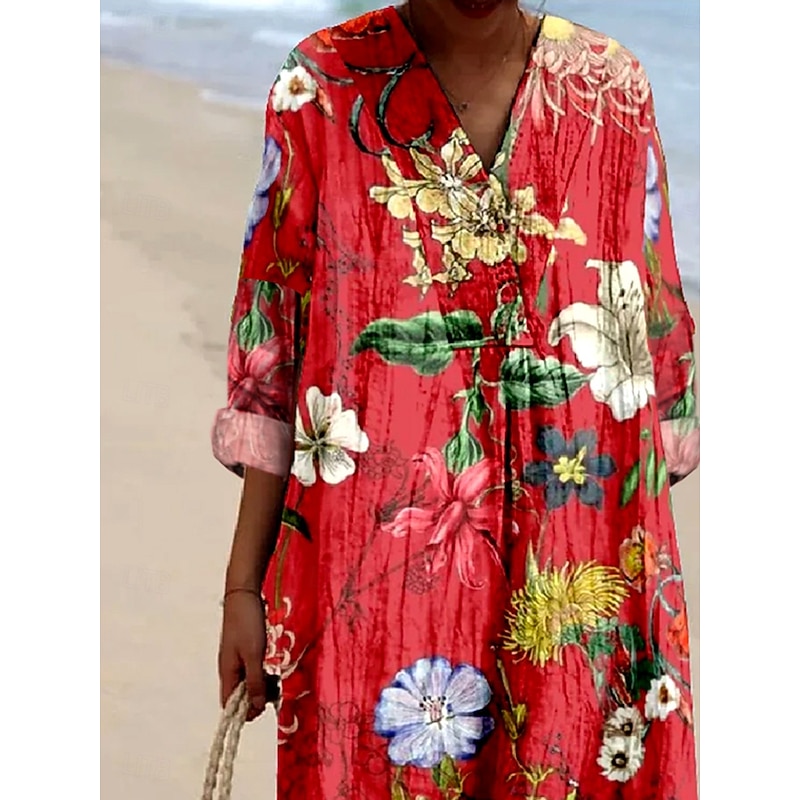 Women's Midi Dress Casual Dress Sundress A Line Dress Vacation Casual Boho Party Holiday Beach Loose Fit Floral Graphic Long Sleeve V Neck Red Spring Fall2