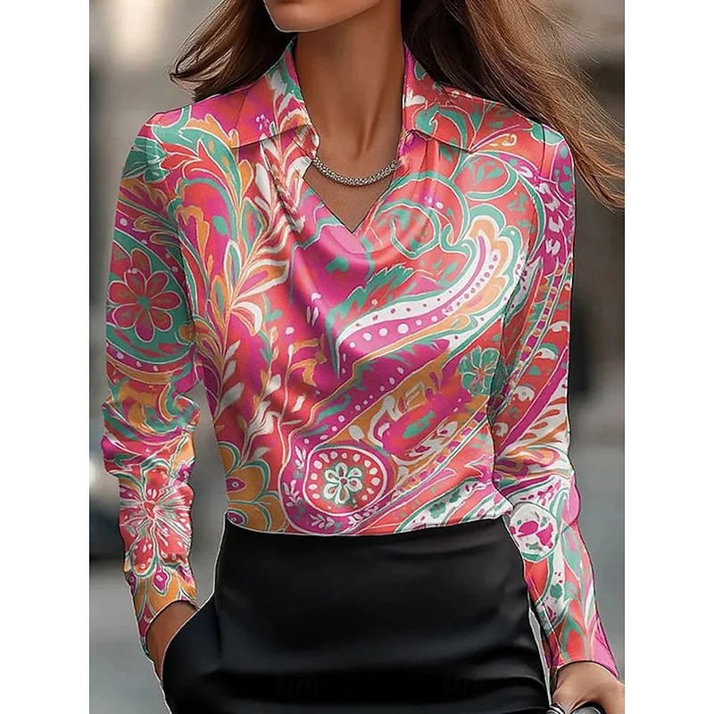 Women's Shirt Floral Graphic Elegant Stylish Casual Long Sleeve Cowl Neck Regular Tops Work Party Evening Wear Daily Ruched Draped Pink Navy Blue Blue Green Summer Fall3
