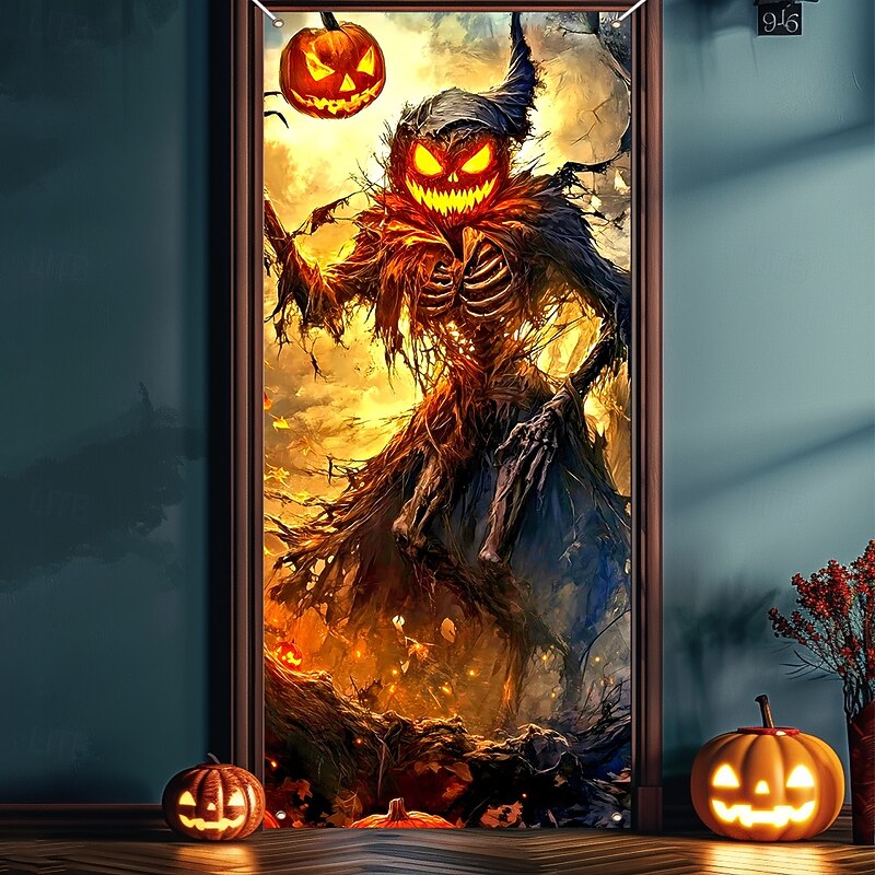 Halloween Door Cover Outdoor Banners Skeleton Pumpkin Scarecrow 3D Dark Punk Gothic Style Party Outdoor Shooting Backgrounds Front Door Wall Porch Home Decor2