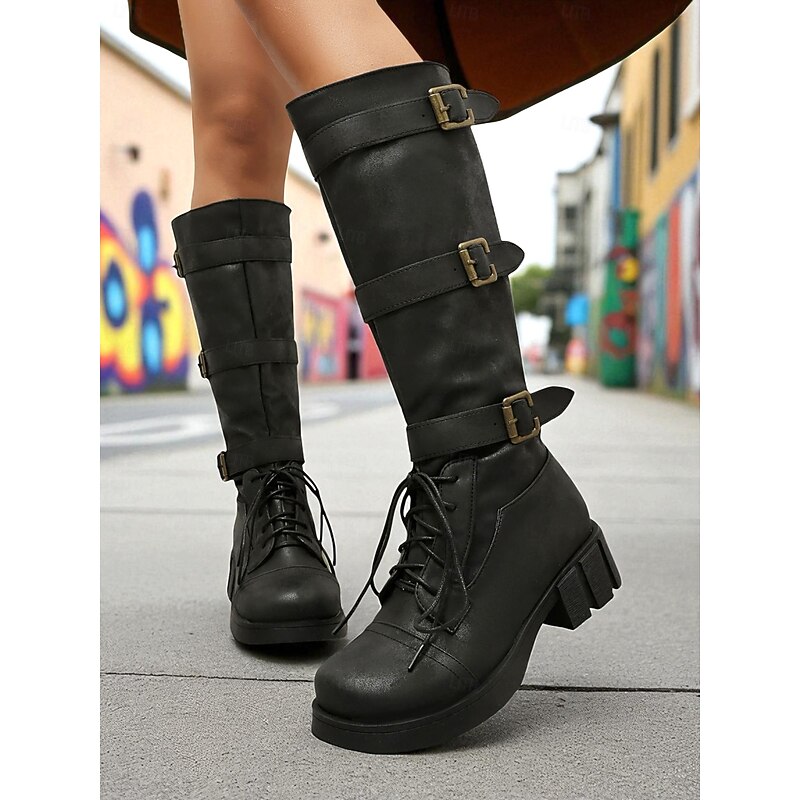 Women's Brown Knee-High Boots – Vintage Faux Leather Lace-Up Riding Boots with Triple Buckle Straps and Chunky Low Heel, Steampunk Style Footwear for Fall, Farm and Outdoor Adventures
