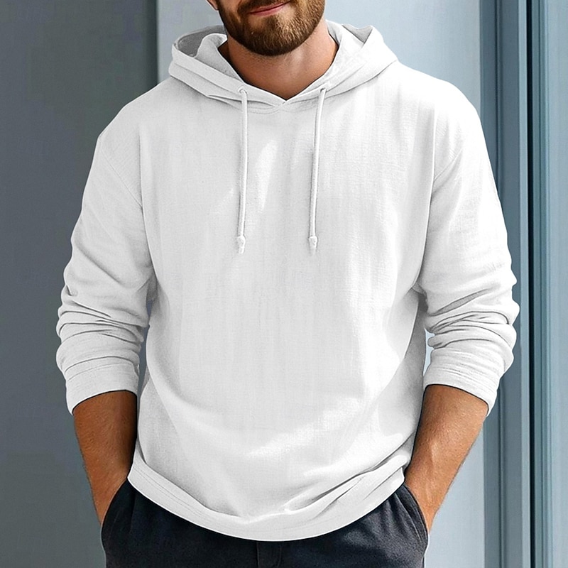 Men's Hoodie Linen T-Shirt Long Sleeve Hooded Summer Spring Solid Color Plain Vintage Bohemian Casual Raw Edge Vacation Street Casual White Pink Burgundy Top Tee for Men3