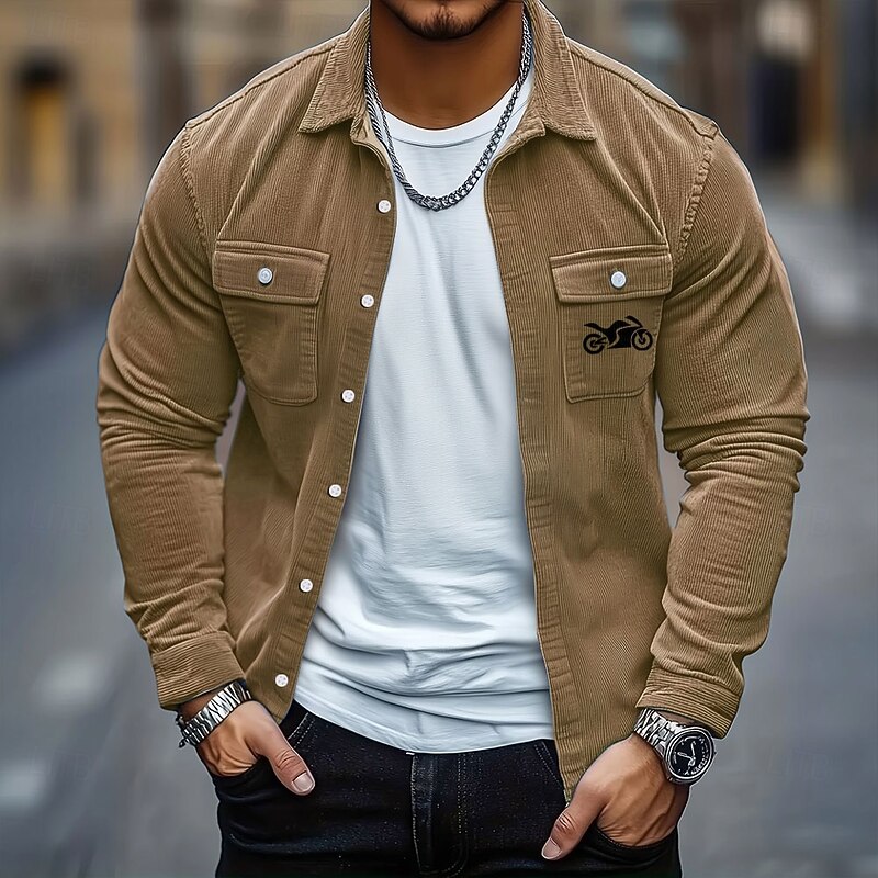 Men's Motorcycle Corduroy Shirt Shirt Jacket Overshirt Long Sleeve Casual Outdoor Dailywear Fall Winter Turndown Button-Down Warm Jacket with Flap Pockets Black Blue Green Khaki Gray3
