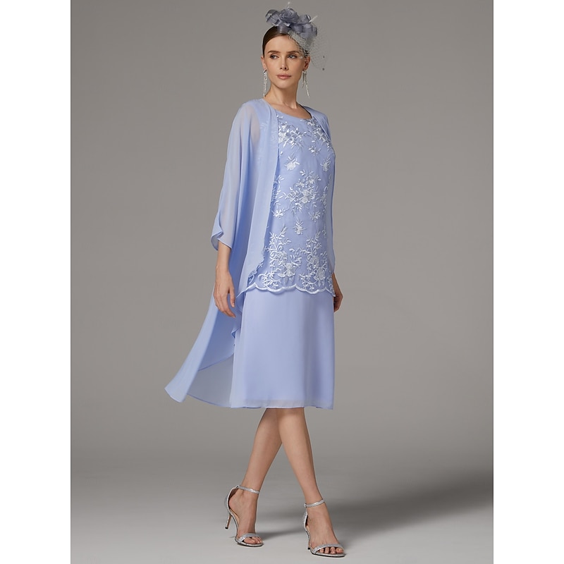 Beach Wedding Two Piece Sheath Mother of the Bride Dress Wedding Guest Elegant Jewel Neck Tea Length Chiffon Lace Sleeveless Jacket Dresses with Appliques4