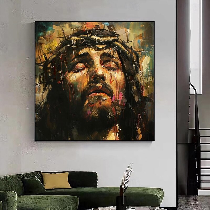 Handmade Oil Painting Acrylic Canvas Wall Art Decoration Religious Figure Jesus Face Knife Drawing for Home Decor Rolled Frameless Unstretched Painting